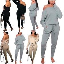 Womens Off Shoulder Knitted Top Trouser Tracksuit 2 Piece Loungewear Co-Ord Set