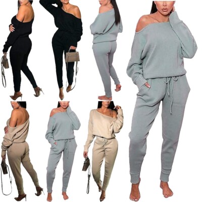Womens Off Shoulder Knitted Top Trouser Tracksuit Piece Loungewear Co-Ord  Set UK