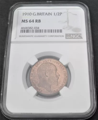 1910 Great Britain 1/2 P  , NGC  MS 64 RB  , nice unc. coin           #1101