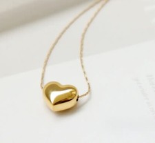 14K Gold Stainless Steel Puff Heart Pendant Necklace 16-18" Chain Women AC