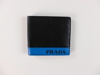 PRADA black & blue micro grain leather bifold small logo wallet authentic NWT
