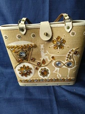 1963 VTG ENID COLLINS CARRIAGE TRADE PURSE HORSE WOOD BASE 