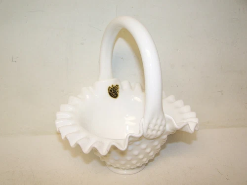 Vintage Fenton White Milk Glass Hobnail Basket