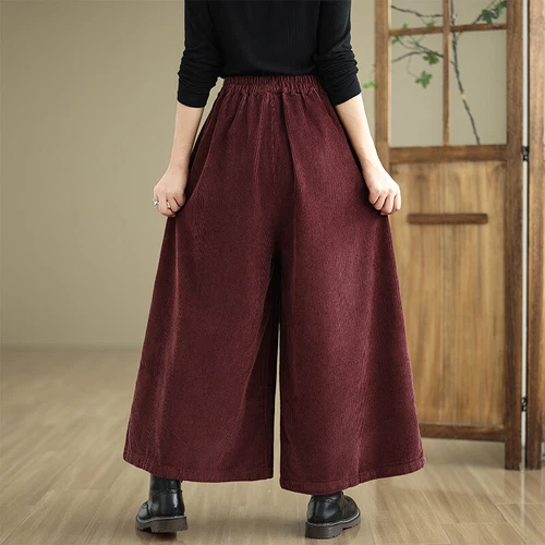 Pantaloni lunghi donna vita alta linea A tasche stringati velluto a coste gambe larghe - Foto 7 di 19