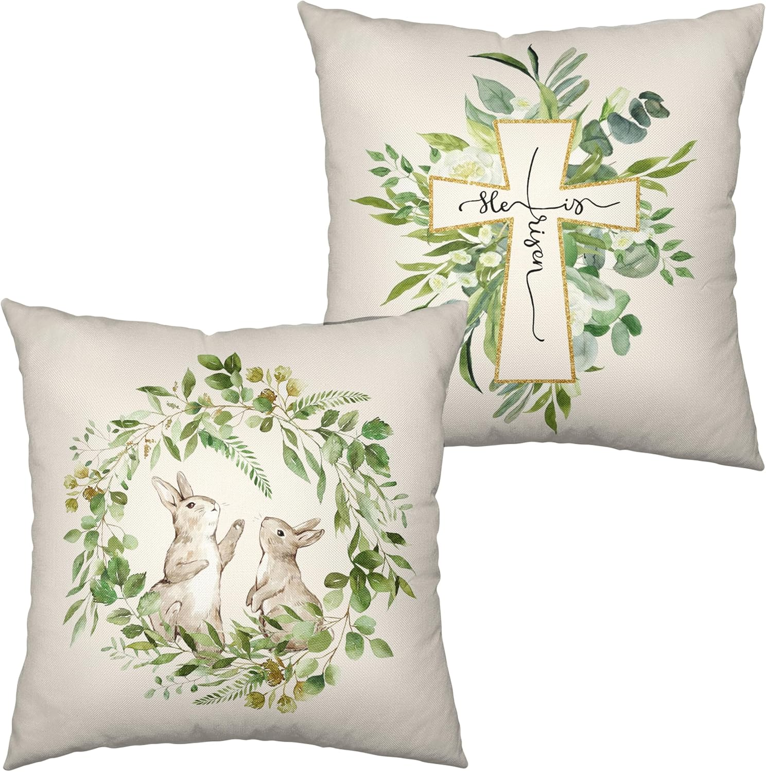 He Is Risen Easter Cross Bunny Rabbit Throw Pillow Covers 18x18 Set of 2