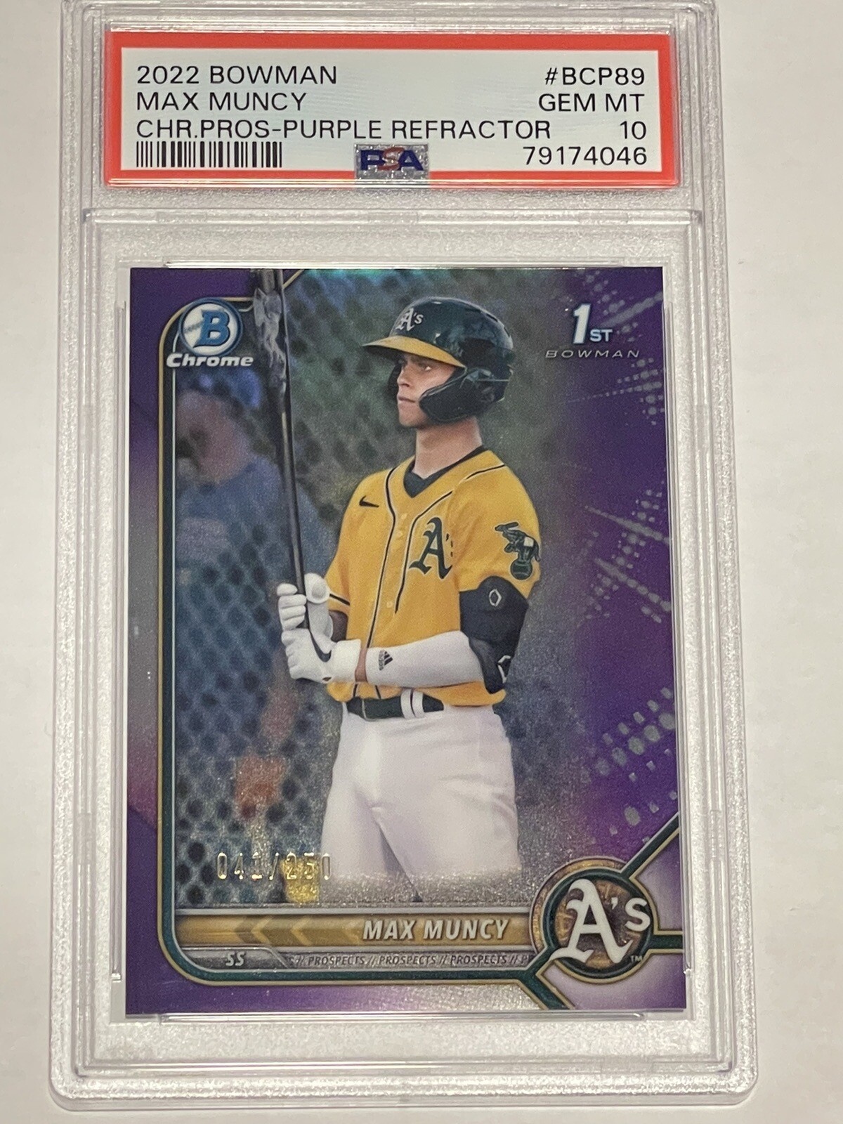2022 Bowman Chrome Prospects Max Muncy 1st BCP-89 PURPLE REFRACTOR /250 PSA 10