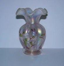 Fenton Melon Vase Pink Iridized Hand Painted Butterfly Flowers Marilyn Wagner