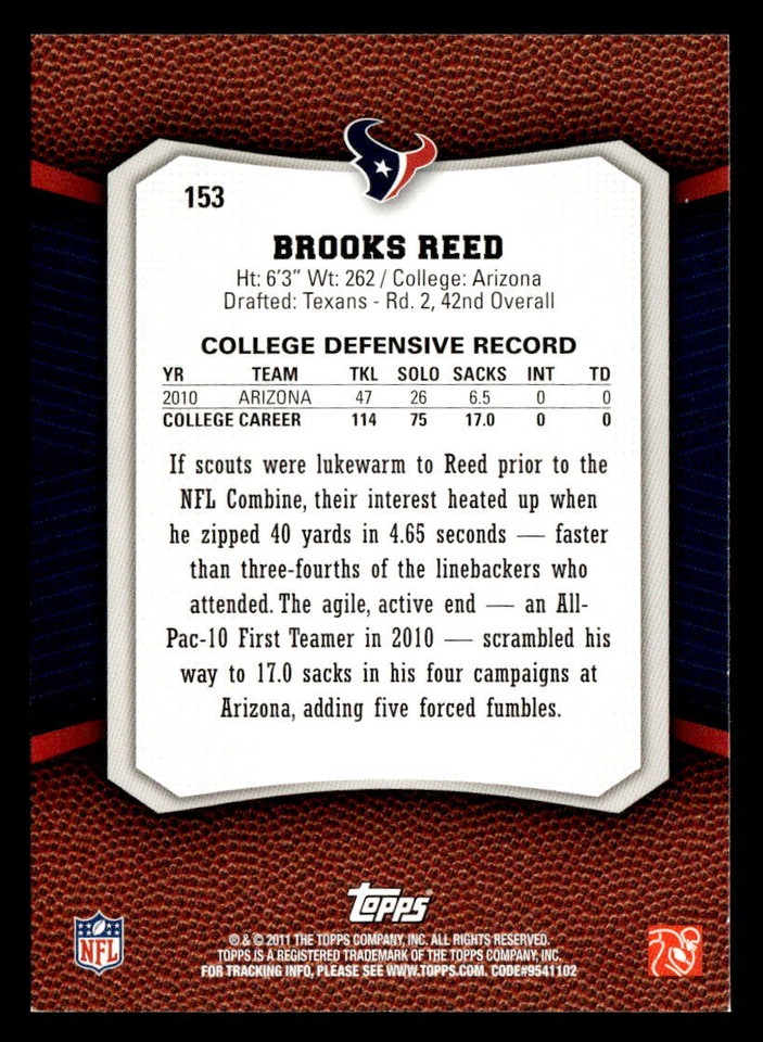Brooks Reed 2011 Topps Rising Rookies Card #153 Houston Texans | eBay