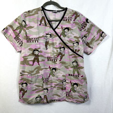 Betty Boop Scrub Top Women Sz M Pink Camo Mock Wrap VNeck Pocket Nurse Caregiver