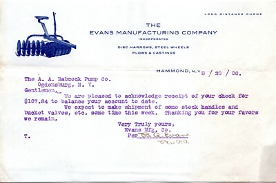 1906 Letterhead - Evans Manufacturing Company, Hammond NY - Disc Harrows, Plows
