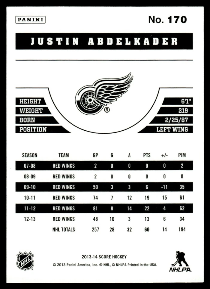 2013-14 Score Gold Justin Abdelkader Detroit Red Wings #170 - Image 2 of 2