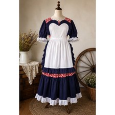 Prairie Pioneer Costume Dress Apron Red Floral Blue Lace Western L XL Handmade