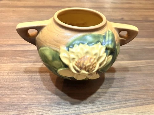 Roseville Pottery Vase Tan With Yellow Water Lily #437-11 Vintage
