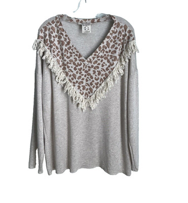 Three Bird Nest Giraffe Print Fringed V-Neck Sweater Boho Womens Size XL