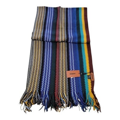 NWT MISSONI Wool Blend Zigzag Fringe Scarf Multicolor Blue 17''x78'' Made In Italy