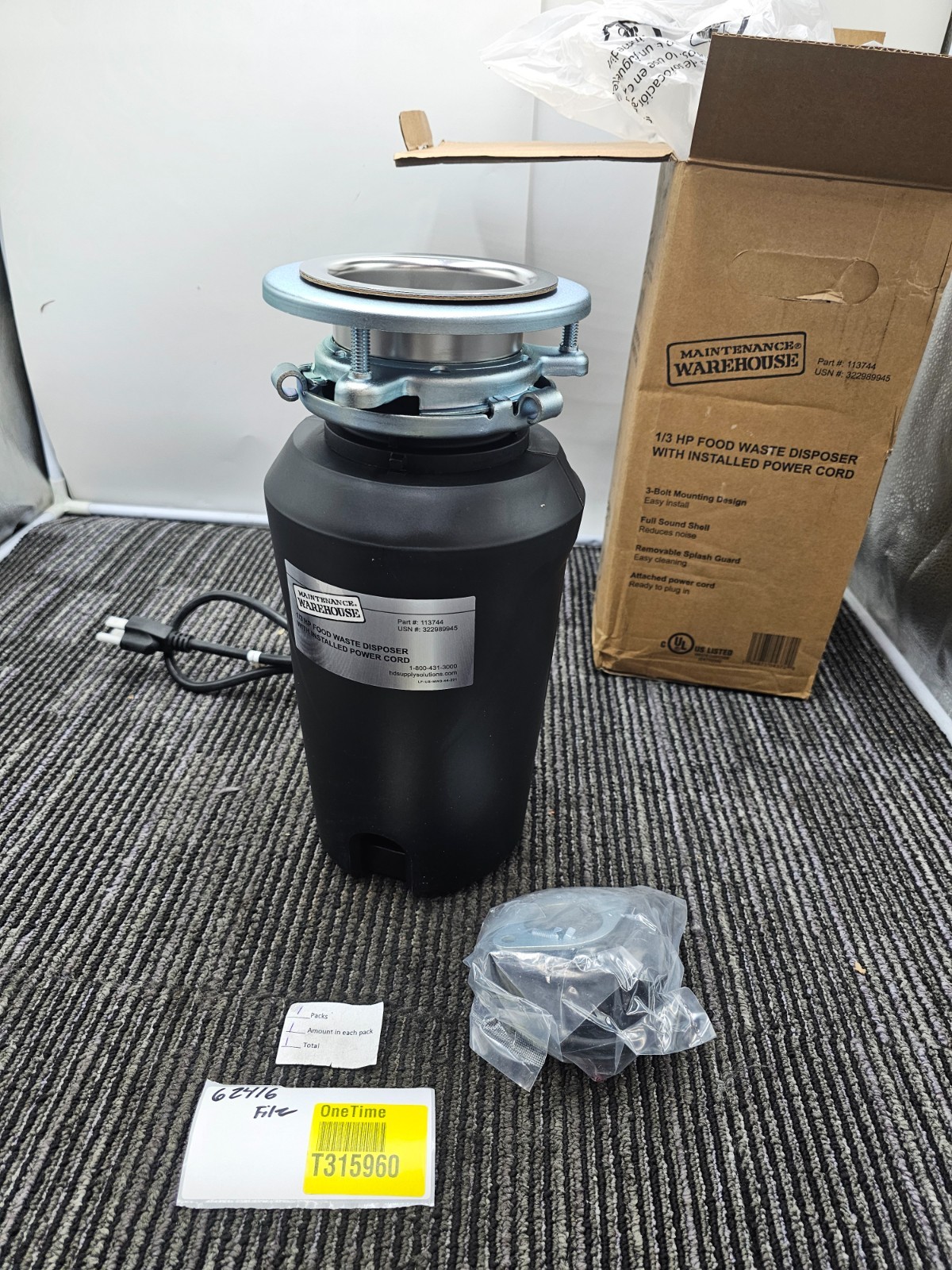 Maintenance Warehouse 113744 1/3 HP Food Waste Disposer w/ Installed Power Cord