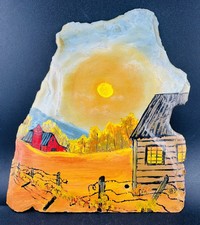 Vintage Hand Painted Slate Art Decor 8"x8" Rustic Farm Scene