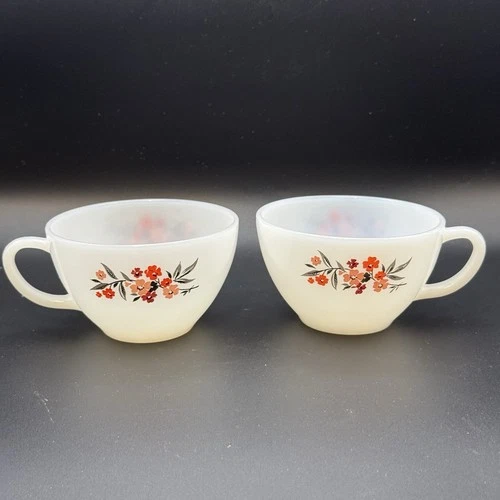 Set Of 2 Vintage Fire King Primrose Milk Glass Coffee Tea Cups