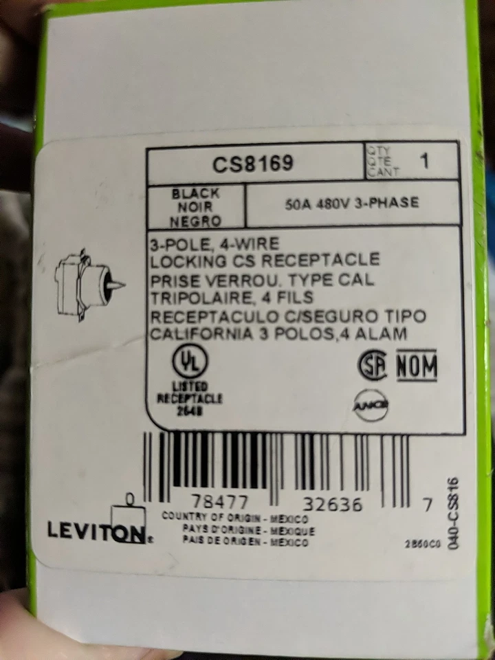 Receptáculo de montaje empotrado de bloqueo Leviton CS8169 3 fases 50A 480V - negro Foto 2 de 2