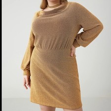 Cider Gold Metallic Lurex Balloon Sleeve Mini Dress Plus Size 2XL