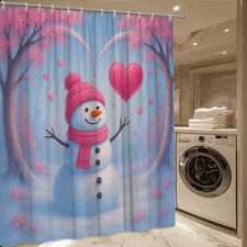 Cute Snowman Shower Curtain with Pink Hearts and Winter Theme