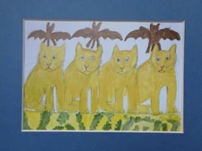 Max Raffler Yellow Cats Brown Flying Bats Animal Primitive Folk Art Print Matted
