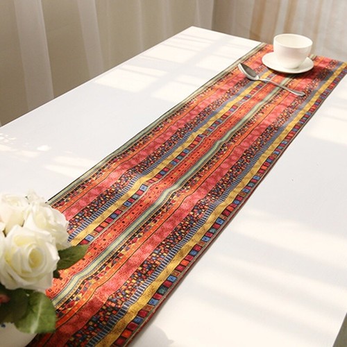 Ethnic Table Runner Boho Tasseled Edges Tablecloth Cotton Linen Table Cover Blue - Picture 2 of 16