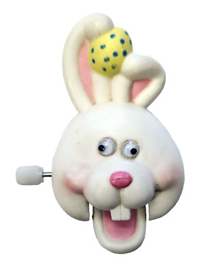 Russ PIN Easter Vintage WIND UP BUNNY GOOGLY EYES & EGG 1980s Brooch