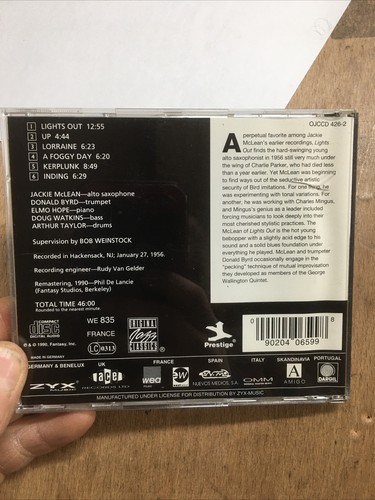 Jackie McLean Quintet-Lights Out! CD 1990 Donald Byrd Elmo Hope 1956 Prestige - Picture 2 of 10