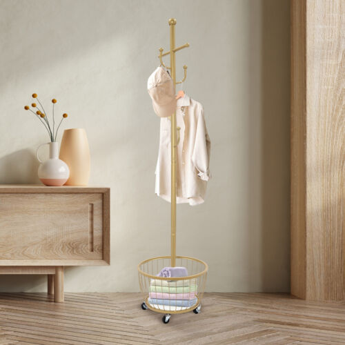 Coat Rack, Entryway Coat Hanger Stand with Storage Basket, Standing Coat Rack