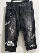 UNK VTG Y2K NBA Patch Jeans Mens Size 38 Lakers Celtics NY All Over Print Baggy