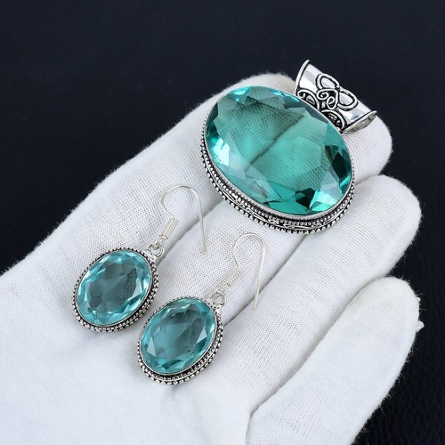Aqua Apatite Gemstone Handmade Silver Drop & Dangle Pedant +E arring Sat Jewelry - Picture 3 of 4