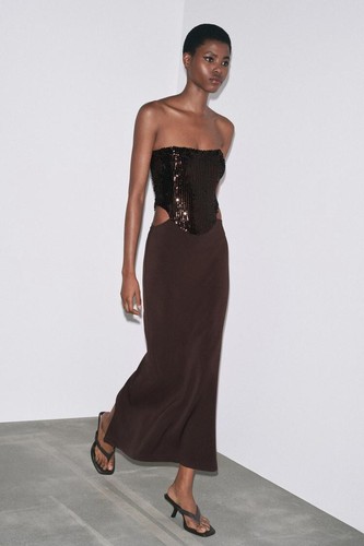 ZARA, SEQUIN CUT-OUT COMBINATION DRESS. Strapless maxi dress. Sequin appliqué - Picture 7 of 9