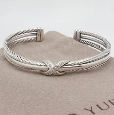 David Yurman X Sterling Silver Diamond Crossover Cable Cuff Bracelet 6.5" Wrist