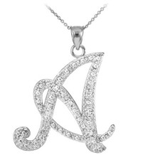 .925 Sterling Silver Cursive Letter Script "A-Z" CZ Initial Pendant Necklace