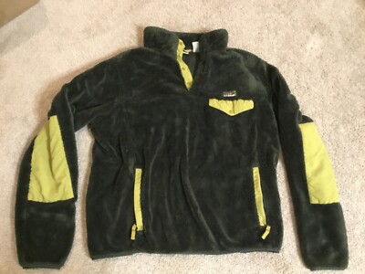 LL Bean Green Yellow High Pile Fleece Snap Neck Pull Over Men Size L Reg Sherpa
