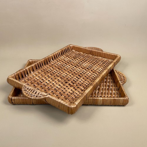 Pair Of Vintage Wicker Display Trays Tray Rectangle Brown Woven Rattan Boho - Picture 5 of 10