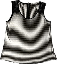 Gibson Black Beige Striped Tank Black Lace Shoulder Accents Size XS Made in USA