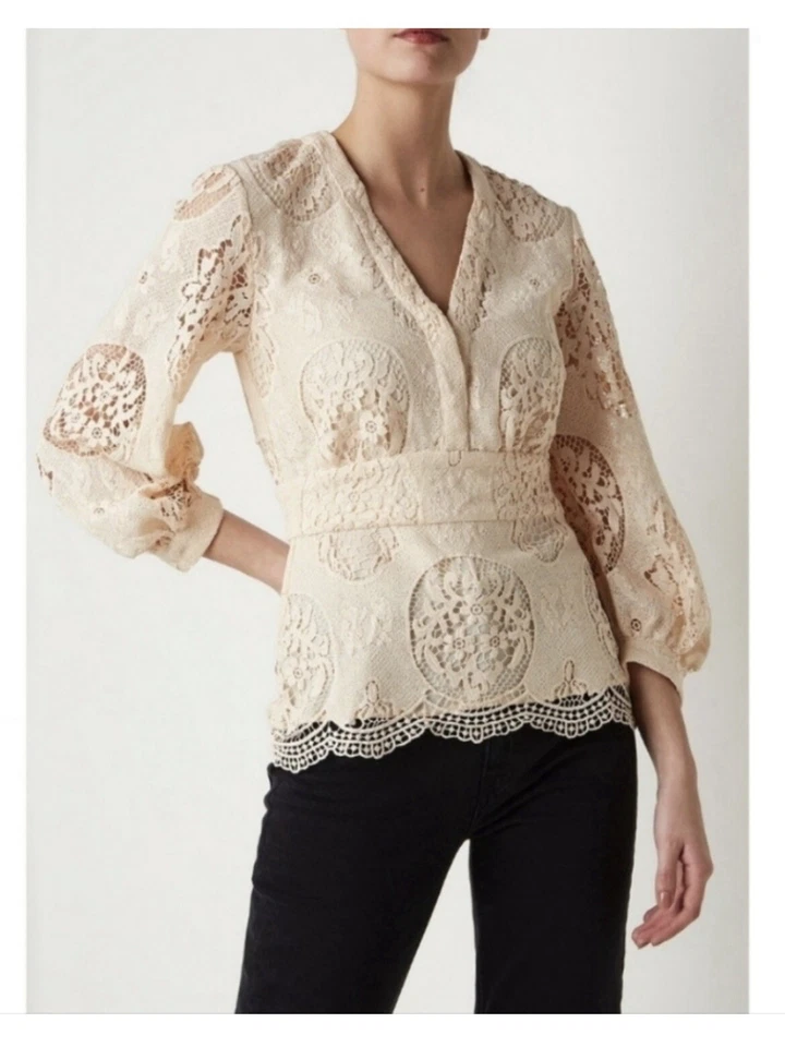 Blusa Top Maje NUDE Para Mujer Crema Lalou Guipur Encaje Talla 2/US Mediana, $295 Nueva Foto 2 de 4