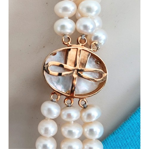 14k 3 Strand White Rondell Knotted Freshwater Pearl Necklace 14k MOP Clasp 24" - Picture 7 of 12