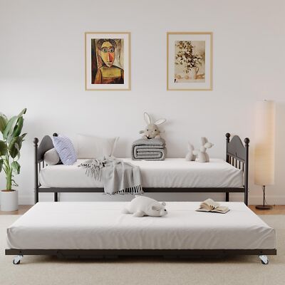 Daybed With Trundle, Metal Twin Bed Frame With Pop Up Foldable Trundle Sofa Bed