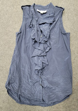 Fifteen Twenty Womens Blue Blouse Size XS Ruffles Sleeveless USA Made 100% Silk