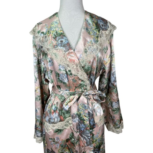 Vintage Victoria's Secret Gold Label Floral Satin Robe P/S Pink Lace Long Duster - Picture 3 of 7
