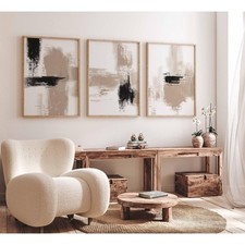 Beige Abstract Wall Art Painting Set of 3 Neutral Canvas Wall Art Prints Blac...