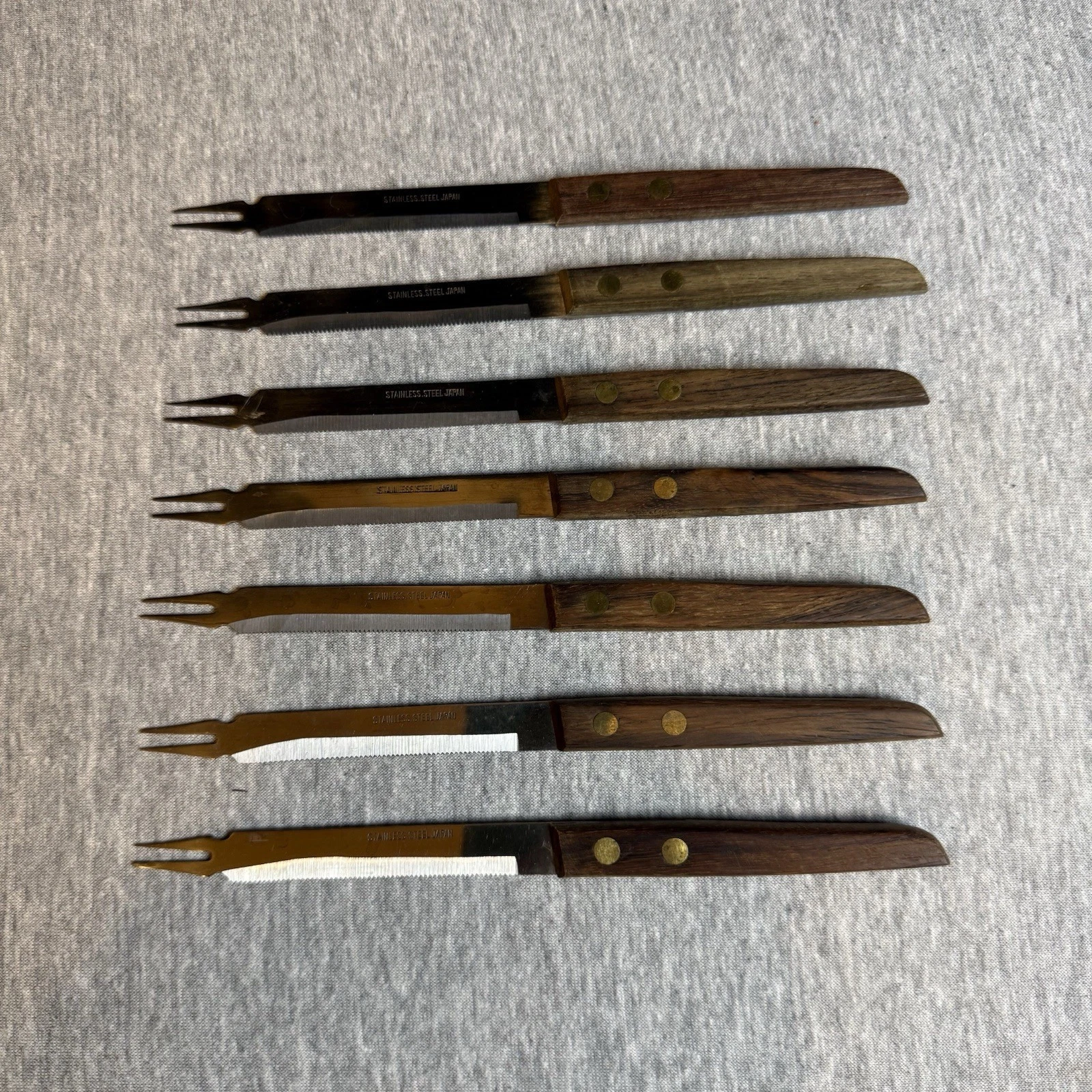 Lot 7 Vintage MCM Stainless Serrated Cheese Bar Knife w/ Wood Handle Japan