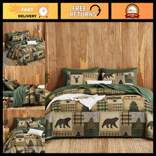 Rustic Cabin Quilt Set - Reversible Lightweight Bedspread, Bear Deer Plaid, King