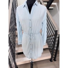 Guess Y2K Long Sleeve Light Blue Button-Front Shirt Dress with Tie Waist size XS