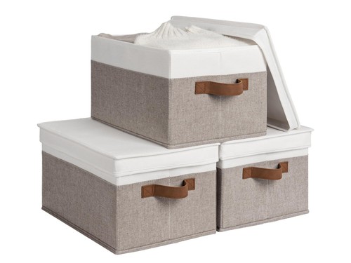 Multipurpose Storage Bins with Lids, Foldable Closet Basket with PU Sewn Hand...