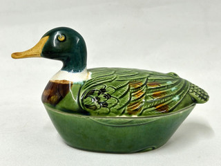Vintage French Michel Caugant Hand Painted Ceramic Duck Terrine Pate Dish (Sel)