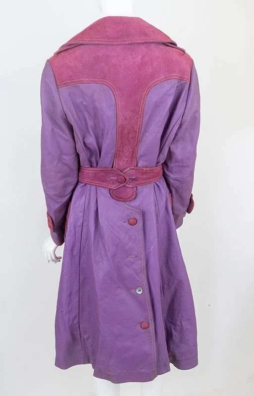 1970s Vintage Trench Coat Color Block Leather and Suede Puple & Pink - Image 3 of 4